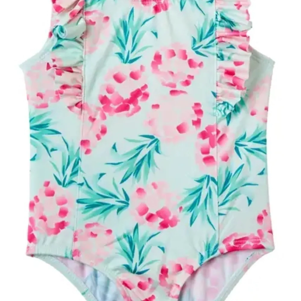 🆕WIPPETTE Pink Mint Teal Tropical Floral Ruffle One-Piece Swimsuit::Baby 24 MO